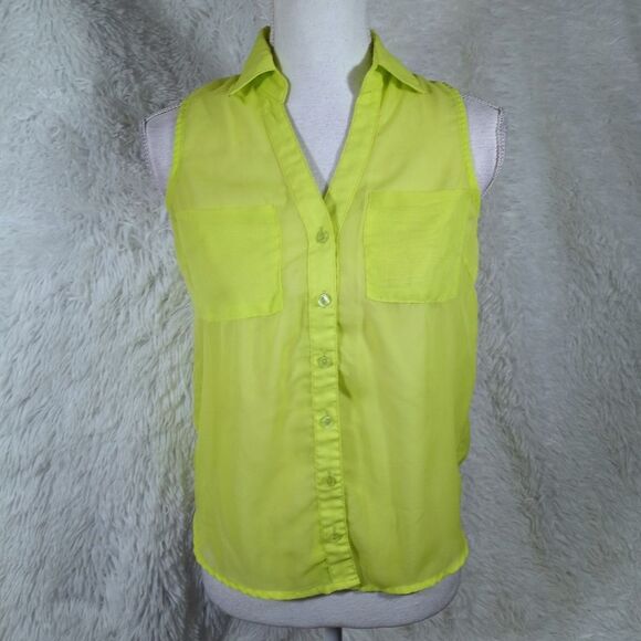 WET SEAL NEON GREEN SHEER BUTTON DOWN SLEEVELESS BLOUSE SZ.XS EUC - Picture 2 of 6